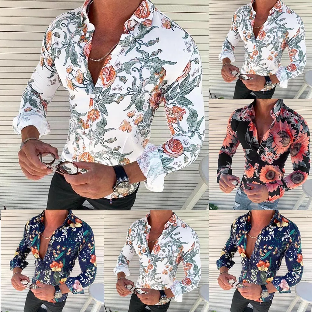 Осенняя мужская Повседневная рубашка с длинными рукавами и цветочным принтом, приталенная блуза с отложным воротником, Гавайские топы, Camisa de los hombres#15