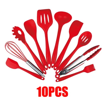 

10pcs/set Silica Gel+Stainless Steel Kitchen Utensil Set Silicone Spoon Baking Cooking&Baking Tools Non-Stick