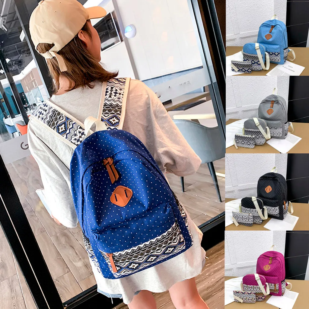 

Women Backpacks 2019 Ethnic Style Outing Travel Bag Canvas Backpack Large Student School Bag 3Pcs Set Multi Pattern Back Packs