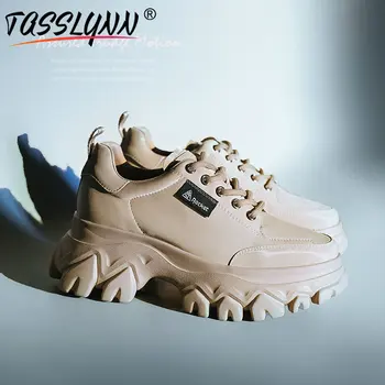 

TASSLYNN 2019 Casual Women Shoes Lace-Up Genuine Leather Round Toe Platform Heels Spring/Autumn Classics Heels Women 35-39