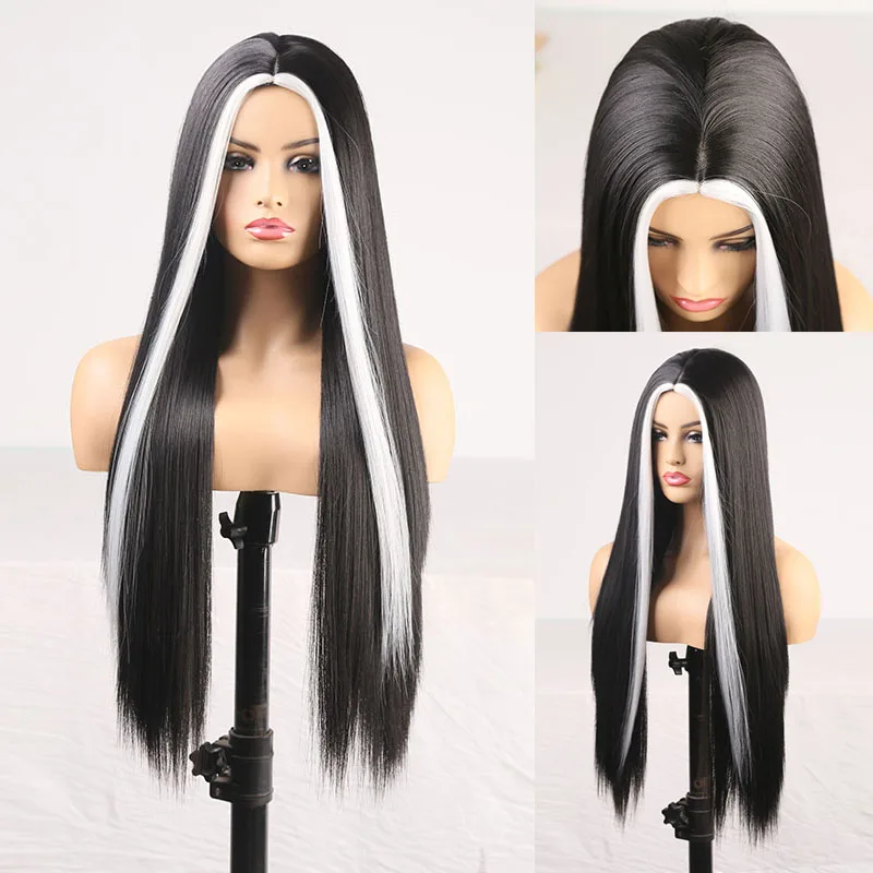

RONGDUOYI Long Silky Straight Hair Wig Black/White High Temperature Fiber Synthetic Wigs for Women Full Machine Made Cosplay Wig