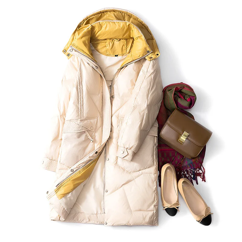 SINGRAIN, зимний длинный пуховик с капюшоном, женская теплая верхняя одежда на утином пуху, верхняя одежда, повседневная Уличная одежда, Дамское милое пуховое пальто - Цвет: white
