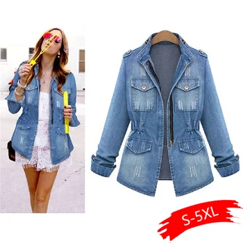 

High Quality Denim Jackets Women Autumn Fashion Long Sleeve Coat Casual Denim Outwear Tops Plus Size 5XL Hole Jacket