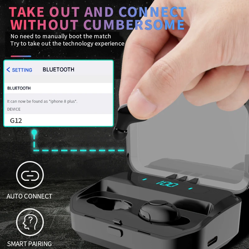 G12-TWS Bluetooth 5,0, наушники, светодиодный цифровой дисплей, беспроводные наушники, водонепроницаемые, сенсорная гарнитура, 1800 мА/ч, зарядка в салоне