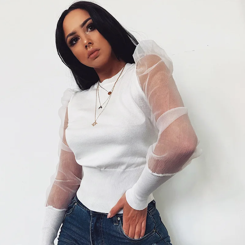Fall women Knitted Jumper organza long sleeve Ruff Sleeve Sweater Pullover Knitwear top 2019 Pull Femme black | Женская одежда