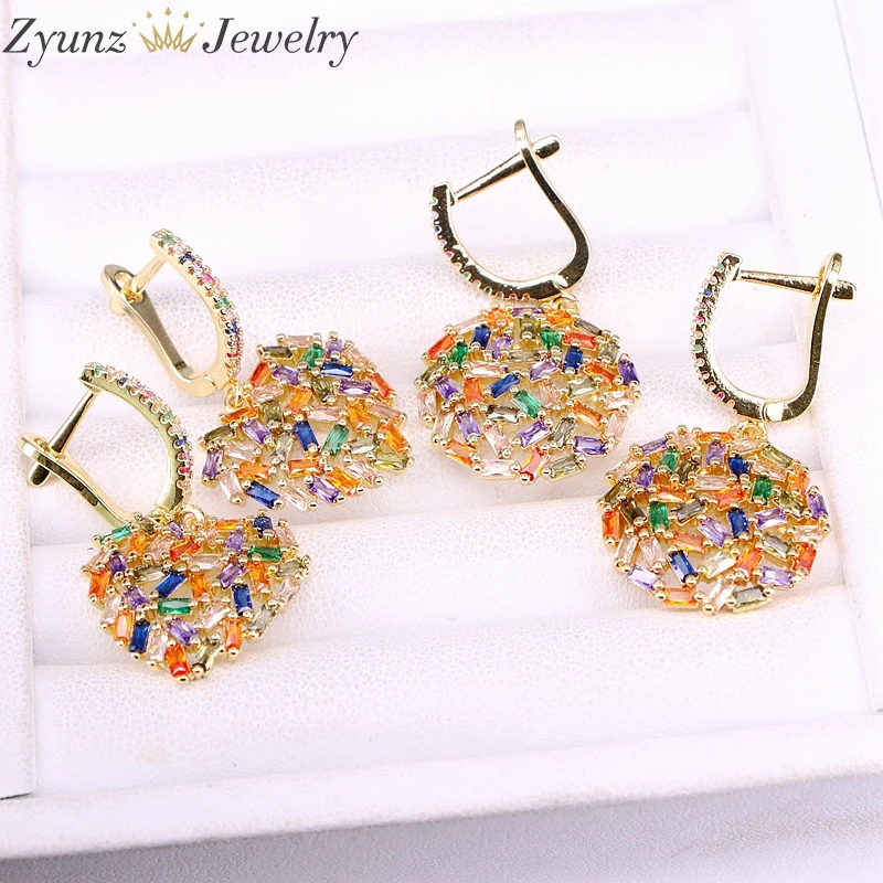 

3Pairs, Round/Heart shaped Gold Filled Colorful Multi Jewelry Earrings CZ Micro Pave Earring