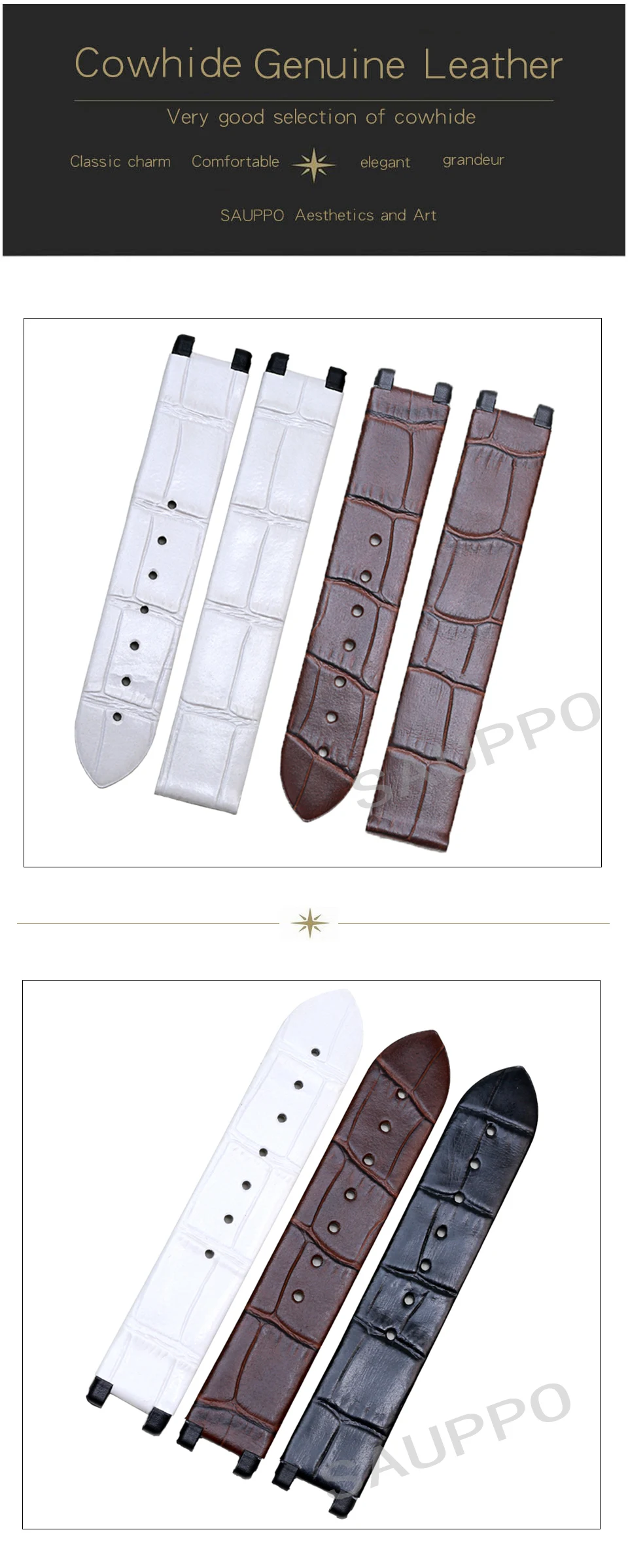 SAUPPO, коровья кожа, ремешок для часов, черный, белый, Женские аксессуары для часов, браслеты с бамбуковым покрытием