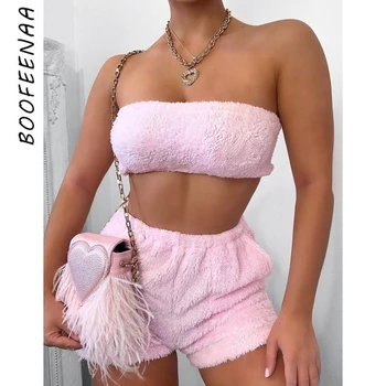 

BOOFEENAA Cute Sexy Fluffy Pink 2 Piece Set Women Cropped Tube Top and Shorts Fall 2020 Club Outfits Matching Sets C95-BG17