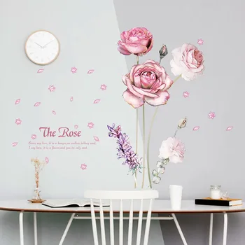

Romantic Pink Rose Flowers Porch Wardrobe Living Room Wedding Bedroom Door Window TV Background Decals Wall Decoration Stickers