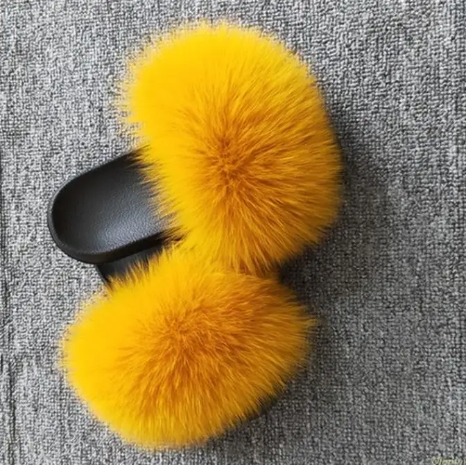 Real Raccoon Fur Slippers Women Sliders Casual Fox Hair Flat Fluffy Fashion Home Summer Big Size 45 Furry Flip Flops Shoes