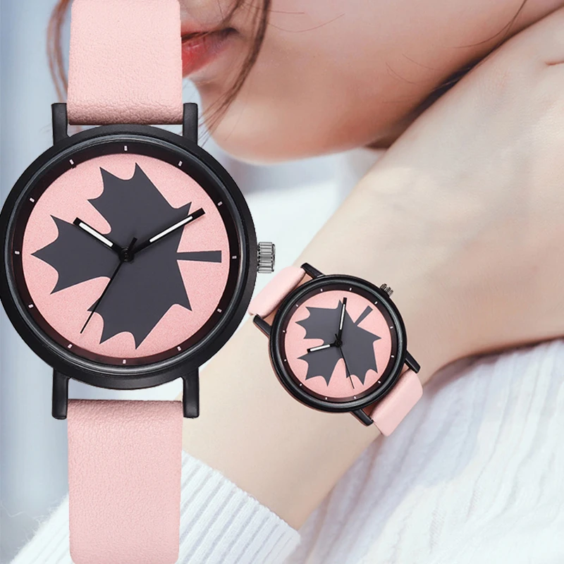 

simple Leather Quartz Watch Women luxury/Fashion 2019 Leisure Maple Leafl Ladies Bracelet Wristwatch waterproof Relogio Feminino