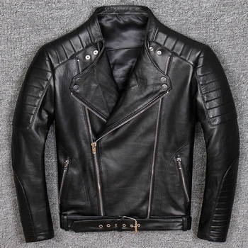 

2020 Men's Genuine Motorcycle Jacket Black Slim Sashes Sheepskin Coats Male Lapel Zipper Real Leather Jackets Autumn New