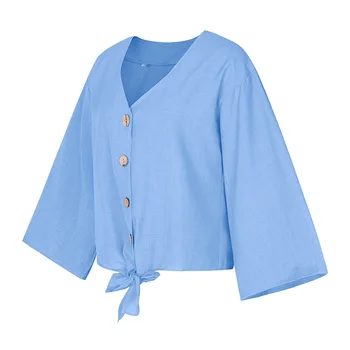 

Long Sleeve Blouse Women Button Lace-Up V-Neck Blouse Blusas Ladies Solid Simple Casual Cotton Blouses Female Tops
