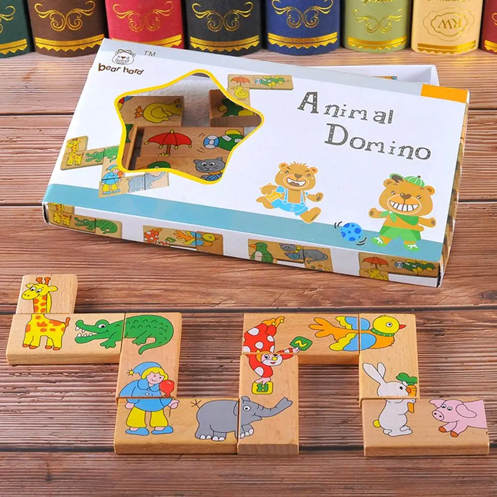 15Pcs/Set Wooden Animal Domino Puzzle Toys Children Jigsaw Game Early Education Baby Kids Educational Toy