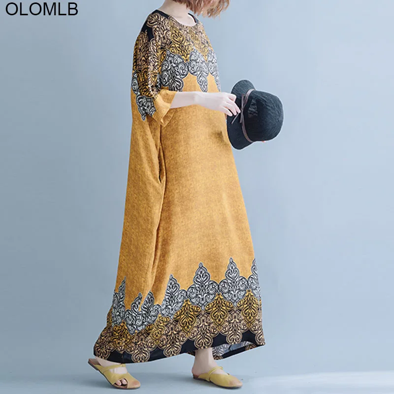 Plus Size Boho Dresses For Women Autumn Fashion Loose Art Ethnic Print Maxi Dress Robe Femme Batwing Dress 4XL 5XL 6XL 7XL 8XL