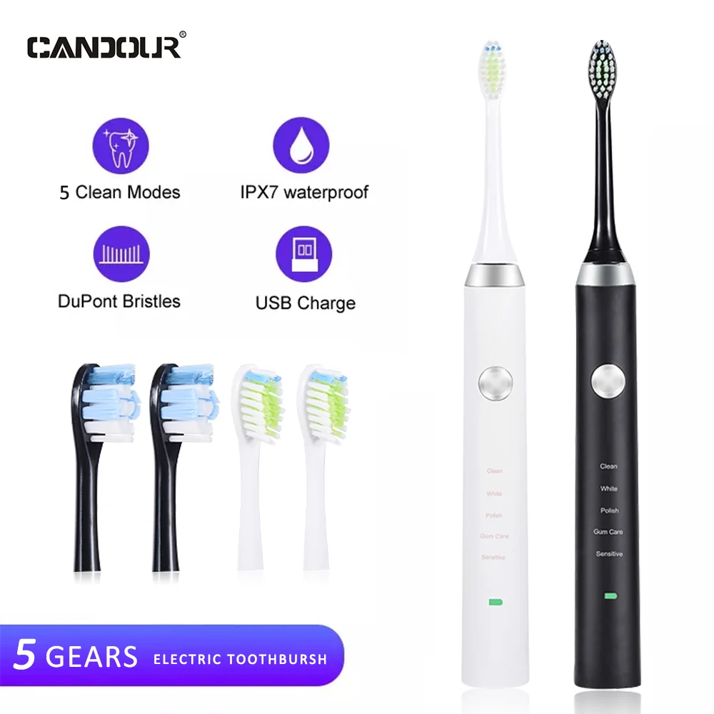 

CANDOUR sonic electric toothbrush ipx7 waterproof Adult Timer Brush 5 Mode USB Charger Rechargeable Tooth Brushes Replacement