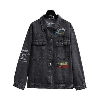 

Plus size 6XL Denim Jacket Women Spring Autumn Embroidery Jean Coat Female Oversize Loose Tops Casual Black Denim Overcoat G949
