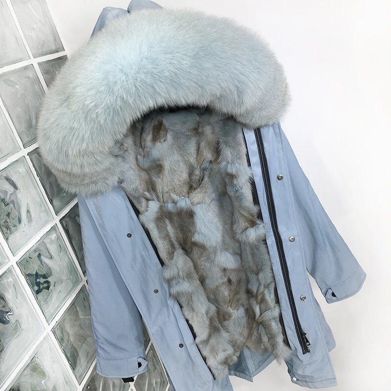 Plus Size Real Fur Coat Waterproof Parka Mujer Winter Jacket Women Natural Fox Fur Collar Liner Hood Thick Warm Outerwear Hat - Color: MiddleLong SkyBlue