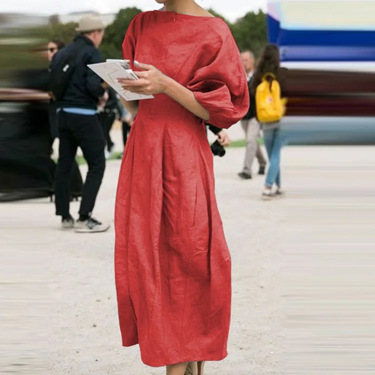 ELSVIOS Women Cotton Linen Dress Autumn Winter Three Quarter Sleeve Solid Long Dress Female O Neck Slim Maxi Party Dress Vestido - Цвет: Orange Red