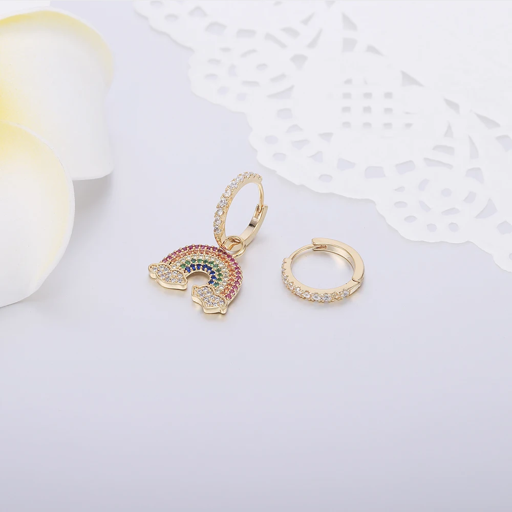 Цветные радужные винтажные женские серьги с кубическим цирконием, асимметричные серьги-кольца из розового золота и серебра для женщин, аксессуары, подарок