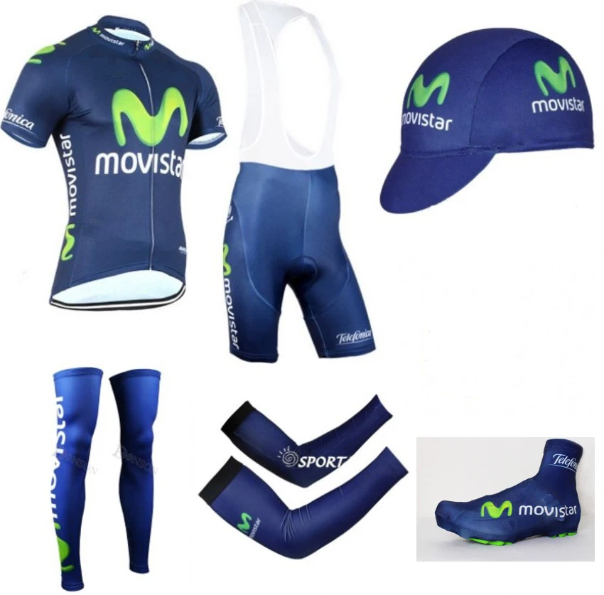 

2019 Movistar Cycling Full set 6pcs Bike jersey Quick Dry Men Ropa Ciclismo clothes Caps shoe covers bike shorts arm leg warmers