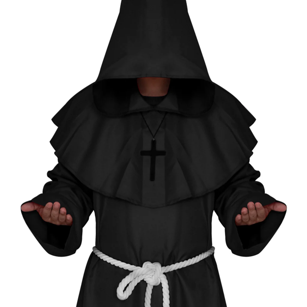 Friar Medieval Hooded Monk Priest Robe Cloak Costume Cosplay Black S