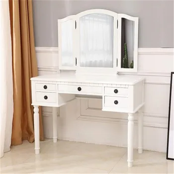 

Huge Mirror Dresser Makeup Vanity Desk Dressing Table With Dressing Stool 3 Folding Mirrors and 5 Drawers Bedroom Furniture