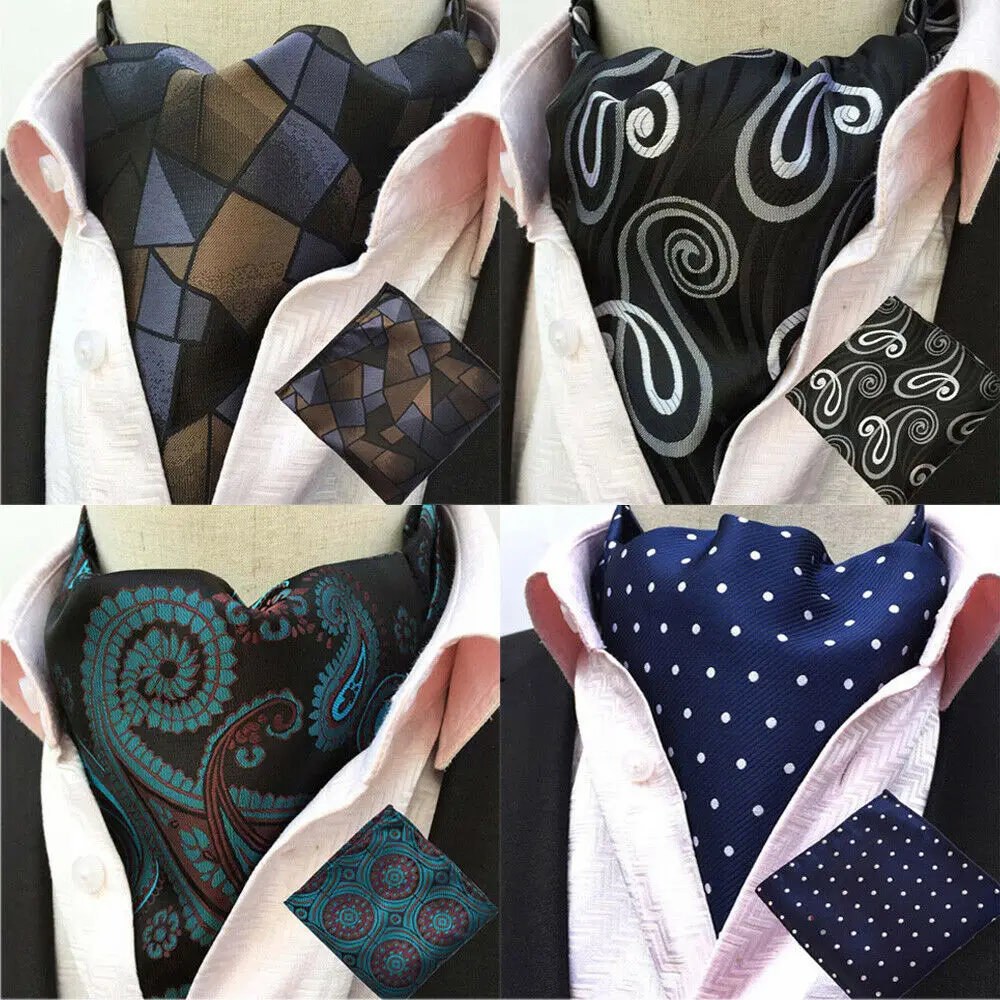  Men Cravat Scarves Polka Dots Printed Ascot Ties Handkerchief Pocket Square Set