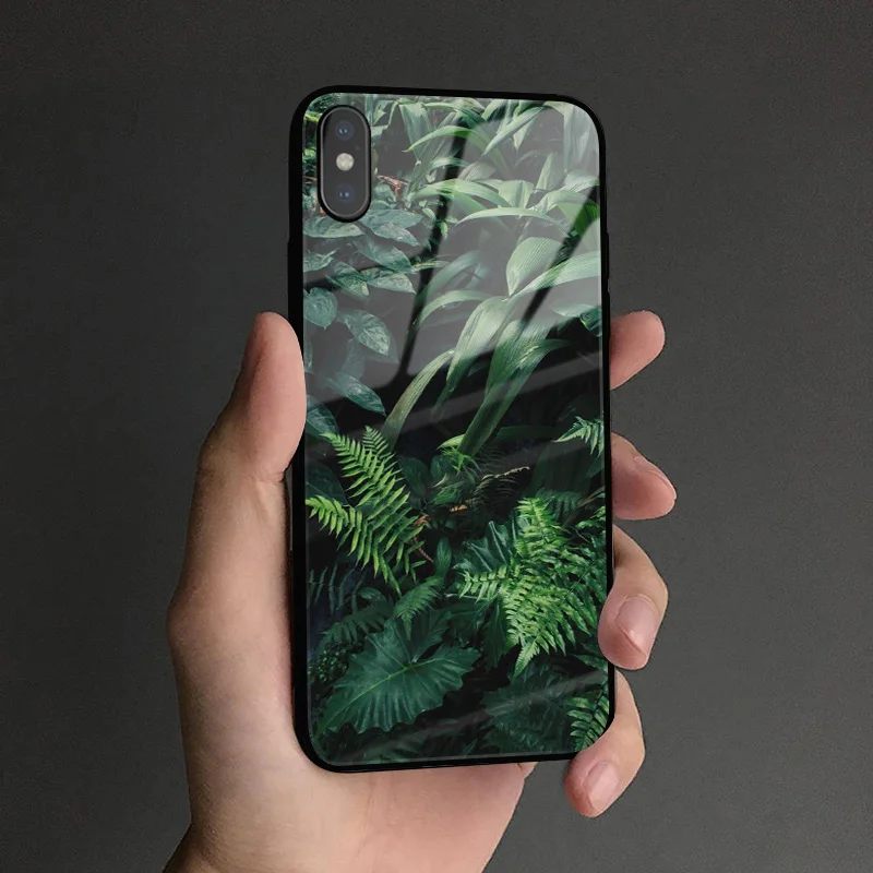 Зеленые тропические Листья Лист закаленное стекло крышка Мягкий силиконовый чехол для телефона оболочка для iPhone 6 6s 7 8 Plus X XR XS 11 pro MAX - Цвет: AE 707