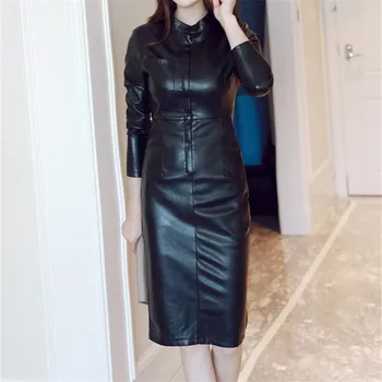 

Women Shiny PU Leather Zipper Long Dresses Elegant Sexy Stand Collar Pocket Dress Female Casual Clothes