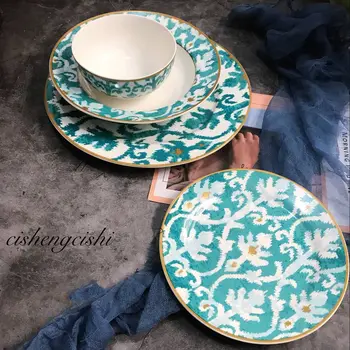 

Green gold along the new bone porcelain European - style element steak plate plate deep plate rice.