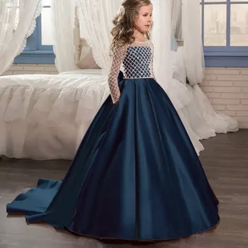 

Unique Design Mesh Lace Satin Ball Gown Floor Length Long Tail Flower Girls Dress for Weddings First Communion Pageant Party