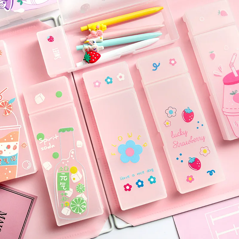 

1pc Simple Pattern Transparent Frosted kawaii Pencil Case Office Student Pen Cases for Student Gift School Supplies Pen Box