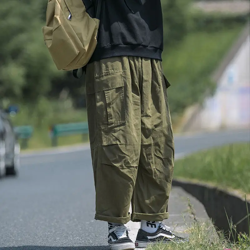 

Straight Pants Men's Fashion Solid Color Retro Casual Multi-pocket Overalls Men Streetwear Wild Loose Wide Leg Pants Mens M-2XL