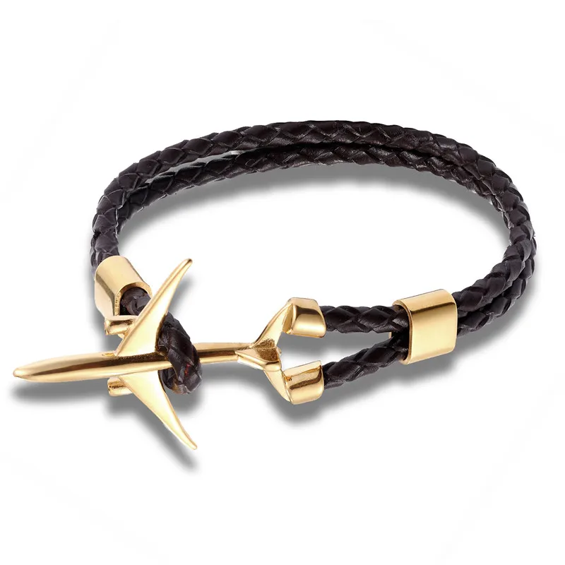 New Fashion Gold Stainless Steel Anchor Airplane Bracelets With Vintage Genuine Leather Bracelet Men Women Homme Jewelry | Украшения и