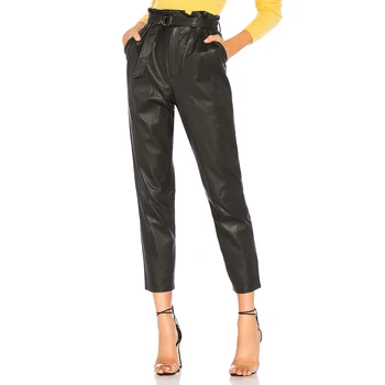 

2019 Hot Black High Waist Leather Pants Fashion Warm Autumn and Winter Temperament Wild Women's Nine Pants to Send Belt