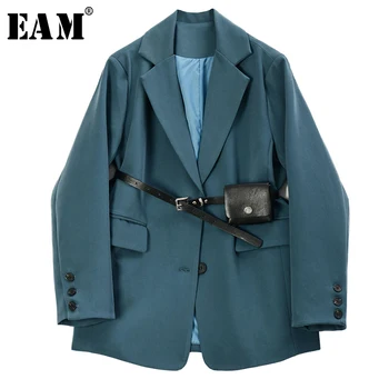

[EAM] Women Blue Split Joint Temperament Blazer New Lapel Long Sleeve Loose Fit Jacket Fashion Tide Spring Autumn 2020 1R725
