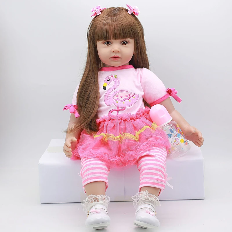 60 см Reborn Baby Doll игрушка мягкий силиконовый милый розовый платье ткань тела длинные волосы Реалистичная новорожденная Кукла Малыш Дети Подарки