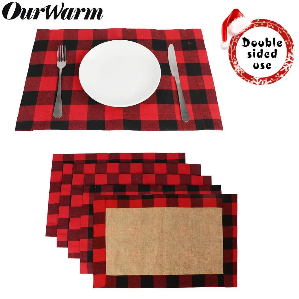 

OurWarm 2pcs Christmas Buffalo Plaid & Burlap Placemats Double-sided Reversible Waterproof Dinner Table Placemats