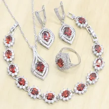925 серебряные свадебные комплекты украшений для женщин серьги с красным цирконом Кулон ожерелье кольцо браслет подарок на день рождения