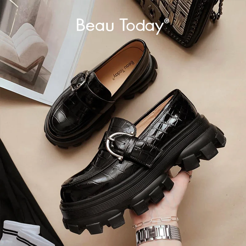 Patent Flats Platform-Shoes Toe-Buckle-Decoration Slip-On Handmade Beautoday Alligator-Pattern