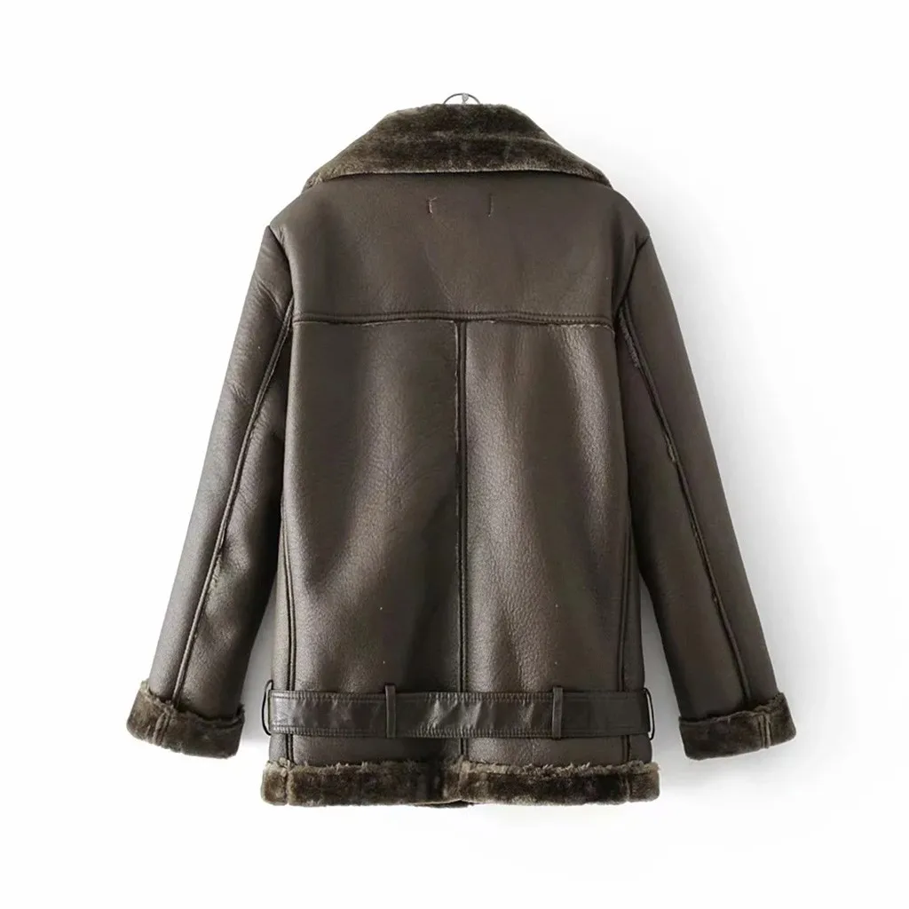 Leather Jacket Women Motorcycle Winter Jacket With Fur Collar Turn Down Collar Plush Jacket Coat Zipperpocket Coat Gh4