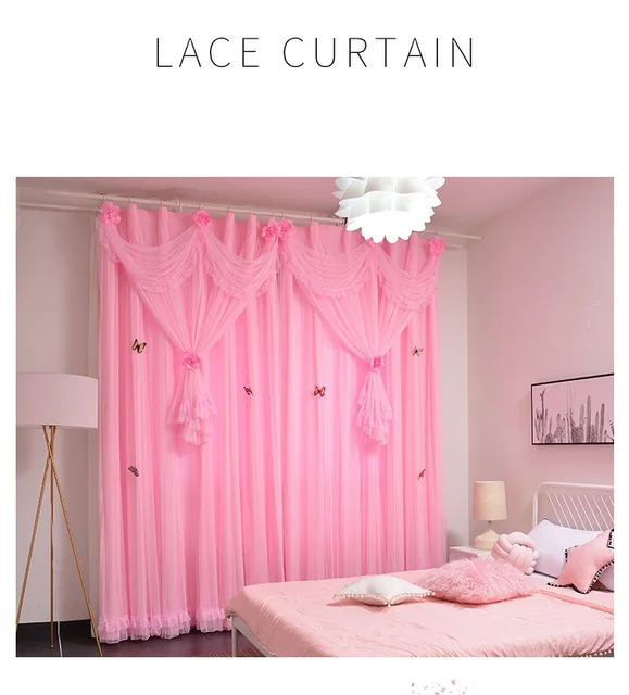 Cortinas de doble capa para habitación de niñas, decoración de encaje rosa  con lazo, para sala de estar, dormitorio, balcón, ventana flotante,  personalizadas - AliExpress