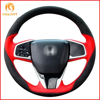 

MEWANT Black Suede Red Genuine Leather Car Steering Wheel Cover for Honda Civic Civic 10 2016 2017 2018 CRV CR-V 2017 Interior