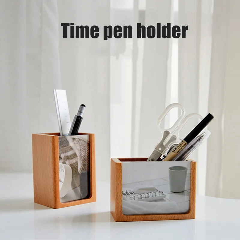 #*Cheap Hot Wooden Pen Holder with Photo Frame Desk Stationery Organizer Beech Handmade Pencil Holder XJS789