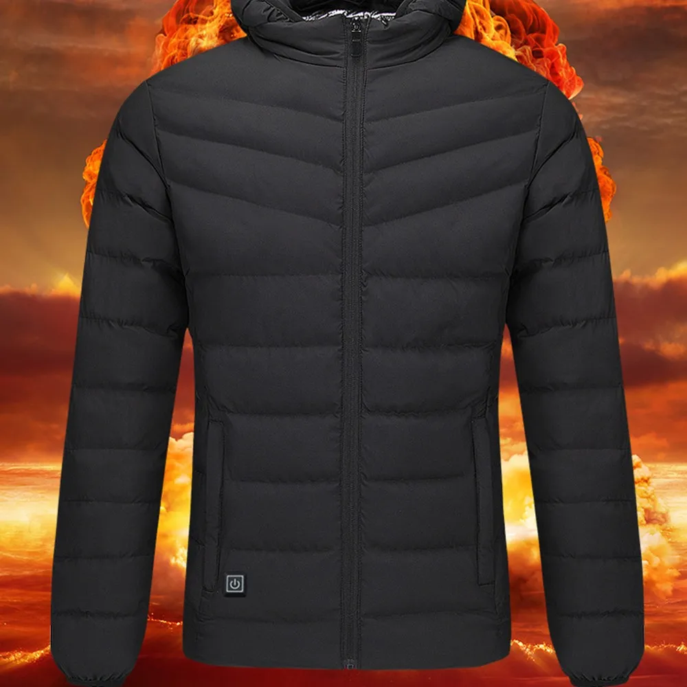 

2019 New USB Electric Heating Jackets Men Women Feather Down Cotton Heated Coats Winter Thermal Warm Hooded Clothing for Outdoor