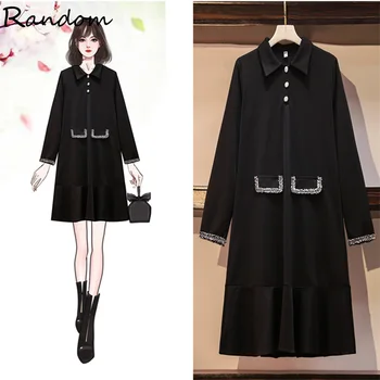 

Plus Size L-4XL Female Black Shirt Dress 2020 Autumn Fashion Long Sleeve Tassel Patchwork Elegant Black Dresses Loose Fall Cloth