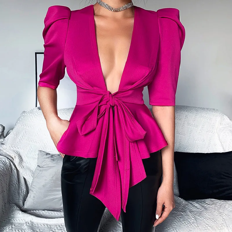 Neploe Rose Red Open Front Bow Tie Peplum Top Sexy Women Summer Spring Half Sleeve Ruffle Hem Elegant Party Crop Blouses 49148