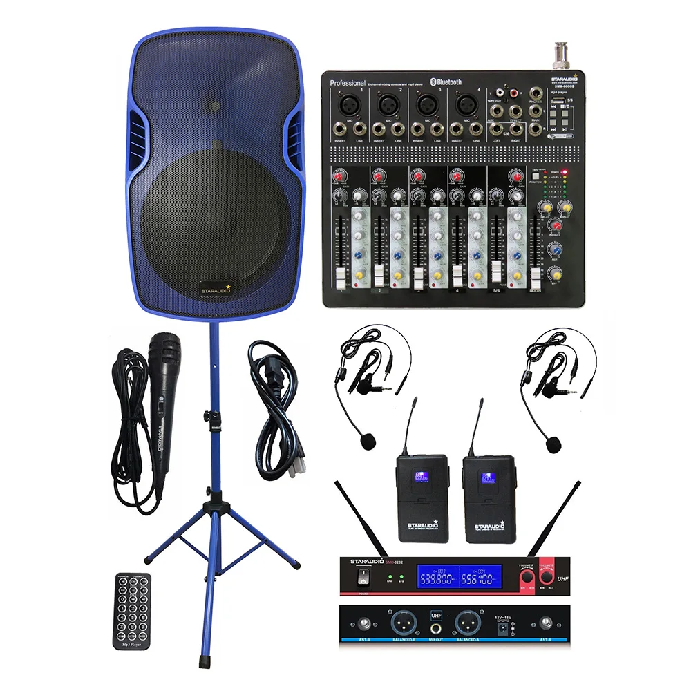 

STARAUDIO 15" Active 3500W PA Powered DJ Speaker Stage Stand 2CH UHF Headset Wireless Mic 6CH BT MP3 USB Mixer System SSBM-15