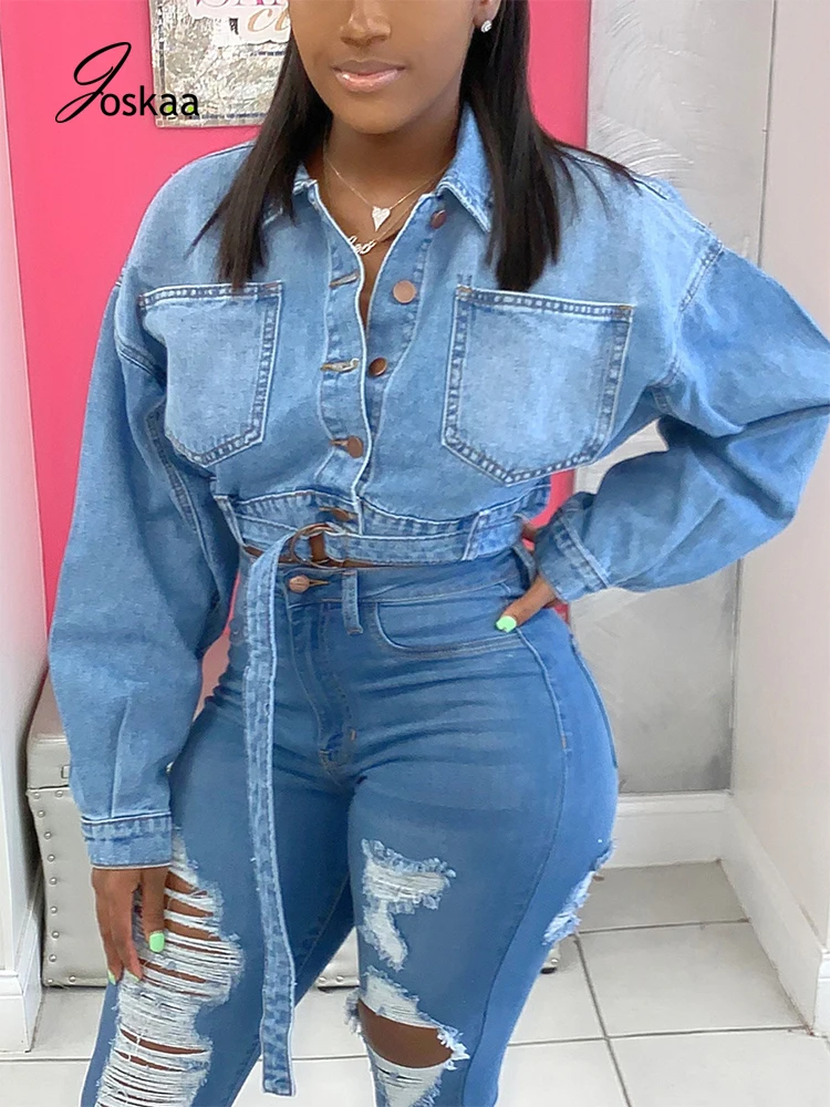 

Joskaa Women Denim Jacket Loose Long Sleeve Turn Down Neck Button Sashed Crop Spliced Topwear Female Adjustable Punk Street Coat